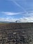 A lonely tree in the middle on the horizon stands at the junction of the blue sky with clouds and plowed lumps of wet soil after