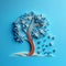 Lonely tree paper quill on blue background Generative AI