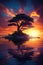 A lonely tree on a rocky island at sunset, generated by AI