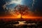 Lonely tree on the scorched earth. Environmental problems of environmental pollution