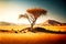 lonely tree on small sand hill in hot desert in scorching sun