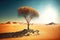 lonely tree on small sand hill in hot desert in scorching sun