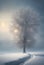 lonely tree in snowy landscape, beautiful gorgeous digital art, floor fog, foggy sun and mystical, frozen, footprints, ice