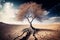 A lonely tree stands in arid soil. AI generated