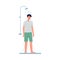 Lonely unhappy man standing under shower, flat vector illustration isolated.