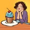 Lonely unhappy woman. cupcake dessert