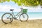 Lonely vintage bicycle on the tropical  sandy beach  with sky and calm sea at background