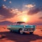 a lonely vintage car parked in the vast desert expanse with the sun setting in the background
