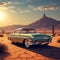 a lonely vintage car parked in the vast desert expanse with the sun setting in the background