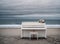 lonely white piano on the seashore with cloudy weather