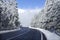 Lonely winding road in a snowy mountain landscape on a sunny winter day. Getaway by car concept