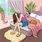 Lonely woman crying alone in her bedroom, depression and loneliness concept vector illustration in pop art comic style eps10