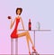 Lonely Woman in red dress drinks wine.