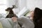 Lonely woman wake up with dog