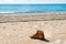 Lonely yellow boot on the seashore. washed ashore a boot