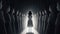 a lonely young mobbed girl is standing alone, spotlight scene, ai generated image