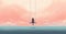 Lonely young woman feeling worried and depressed sitting on swing over the sea looking soft pink sky