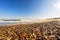 Lonesome beach of the Baltic Sea with pebbles, surf and blue sky