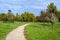 Long alley and many lighting poles activated with attached blue solar panels in Parcul Izvor Izvor Park in Bucharest, Romania,