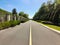 A long asphalt empty road in perspective between a decorated fence and a park with rows of trees