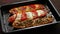 Long baguettes pizza sandwiches with tuna, mushrooms, tomatoes and cheese on a metal baking tray