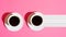 Long Banner Two White Cups of Coffee with Saucer on Fuchsia Pink Background. Top View. Morning Breakfast Energy Caffeine Addiction