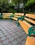 Long benches on cement blocks in the garden.