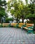Long benches on cement blocks in the garden.