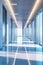 Long blue hallway with glass windows and doors. Generative AI