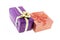 Long box gift surprise lilac orange ribbon. Couple boxes festive isolated background