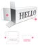 Long box with stenciled HELLO word and transparent plastic sheet die cut template
