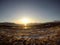 Long brown grassy field with golden sunrise