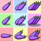 Long, bulbous, bright purple eggplant one two three set with shadows and different position