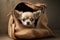 Long-coated Chihuahua puppy sticking its head out of its carry bag