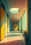 Long corridor in the hospital with doors and reflections. Abstract retro-futuristic style illustration