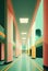 Long corridor in the hospital with doors and reflections. Abstract retro-futuristic style illustration