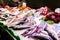 Long counter with various fish and shellfish in market. Barcelona.