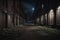 Long Dark Gritty Alley Between Two Old Buildings at Night