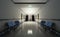 Long dark hospital corridor with rooms and seats 3D rendering. Empty accident and emergency interior with bright lights lighting