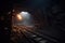 Long dark journey with a glimpse of light in a coal mine. generative AI