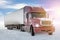 Long-distance bonnet truck with a white semitrailer on bright background with sky