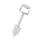 Long door key, outlined drawing in vintage retro style. Detailed etching of modern locking item for safe, apartment