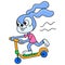 Long eared rabbit playing on a scooter around, doodle icon image kawaii