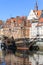 Long Embankment street; boulevards on the Motlawa River; port for tourist ships, wooden galleon, Gdansk, Poland