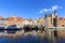 Long Embankment street, port for tourist ships, wooden galleon, Gdansk, Poland