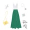 Long emerald skirt, white tank top, dark stiletto sandals,