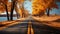 Long Empty Road with Fall Foliage and Trees, Autumn Drive. Generative AI
