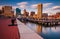 Long exposure of the Baltimore Skyline and Inner Harbor Promenade.