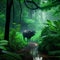 A long exposure of a buffalo walking in a green rainforest. Generative AI