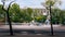 Long exposure of cars rushing past a street in front of Santiago Bernabeu Stadium of Real Madrid in Madrid, Spain